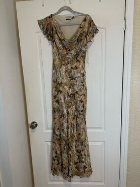 Ralph Lauren Olive and Beige Floral Cowl-Neck Maxi Dress